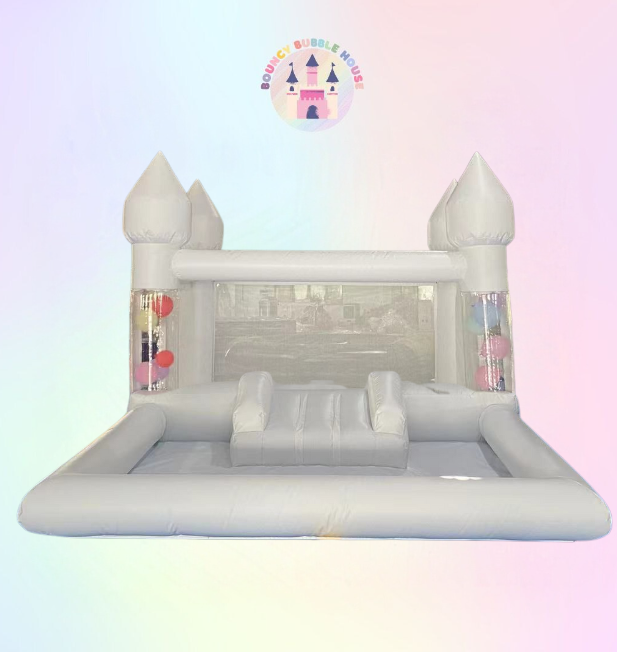 White 4x3 floating balloon castle with mini slide and ball pit