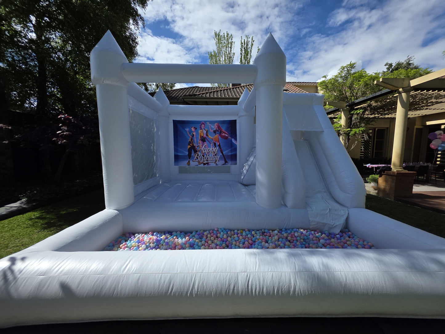 White Bouncy Castle with Slide & Ball Pit (5x5)